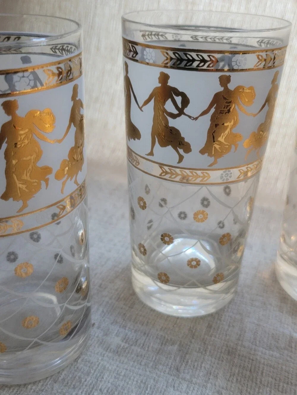 Vintage MCM Culver Style Roman Goddess Highball Glasses - 22k Gold Accent Set 6